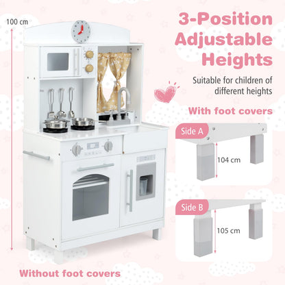 Wooden Play Kitchen for Kids with 3 Adjustable Heights with Stoves and Ice Maker