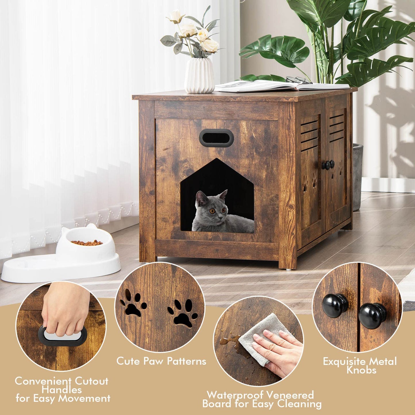 Industrial Wooden Kitty Hidden Washroom Toilet with Side Entrance and Cutout Handle