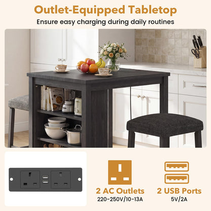 3 Piece Bar Table Set with Power Outlet, Dining Table