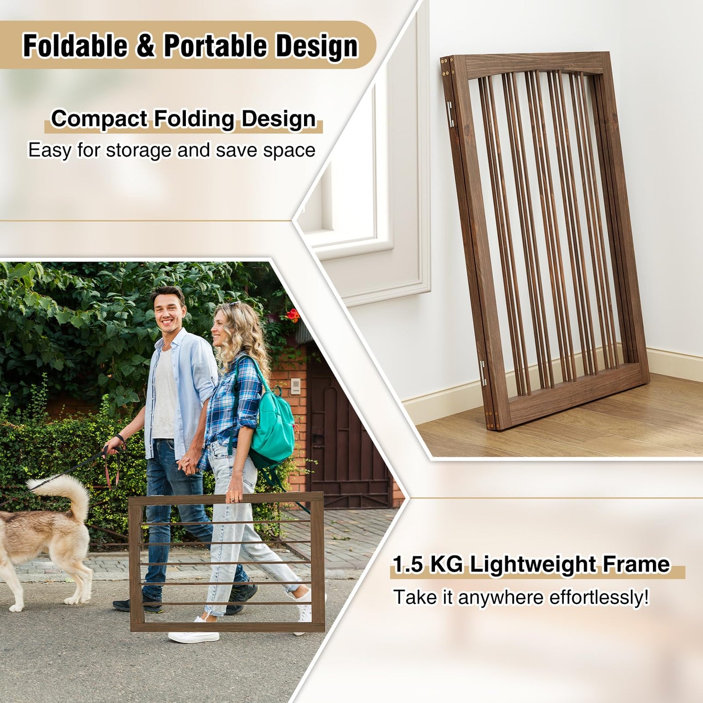 76 CM Tall Pet Gate Wooden Dog Fence 3-Panel Room Divider Barrier