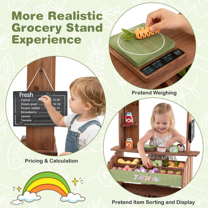 Wooden Kids Grocery Store Playset with Chalkboard | Indoor Outdoor Farm Market Stand