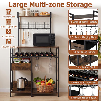 Baker's Rack, Microwave Stand with Wine Rack and Glass Holders