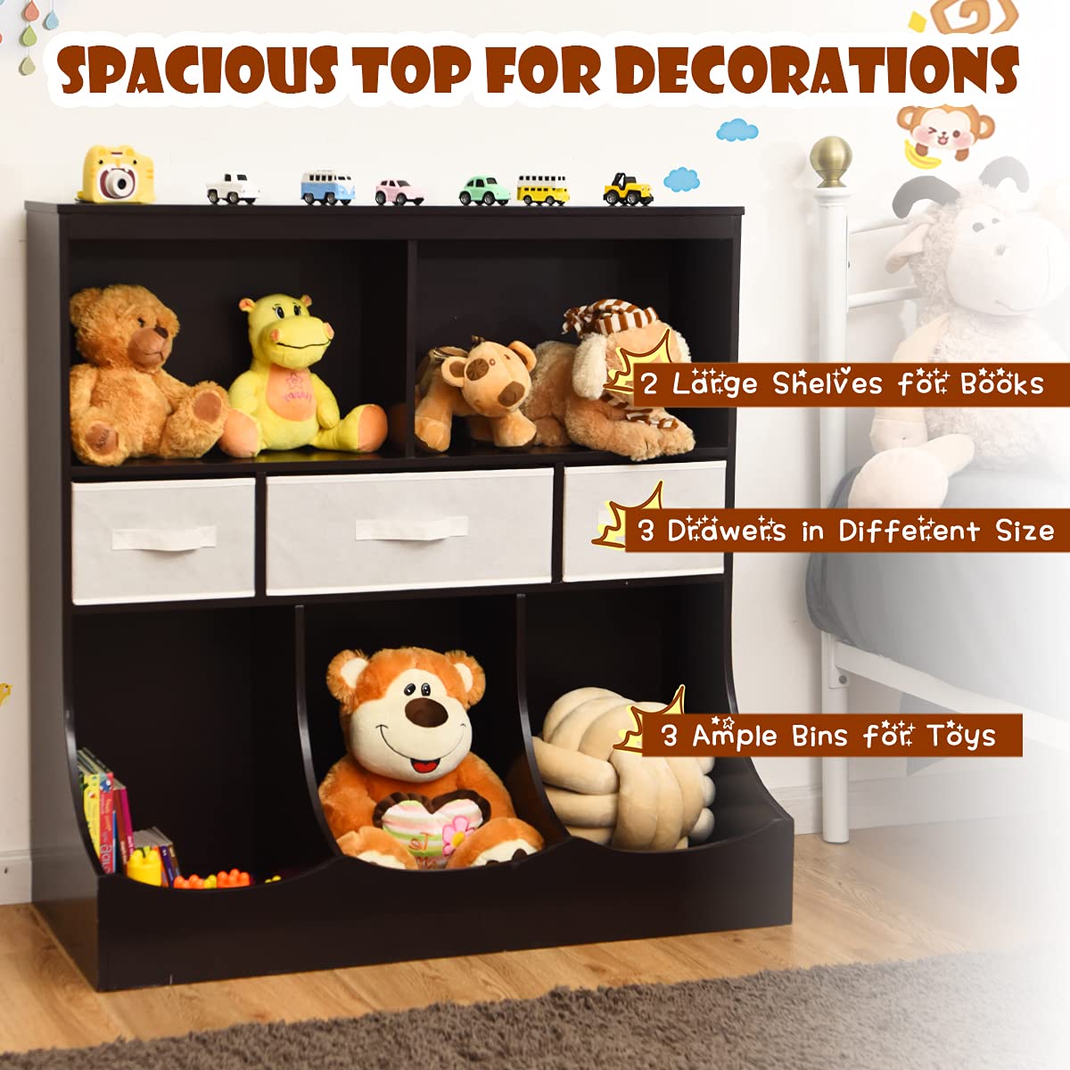 Toy Storage Organizer with 5 Open Cubes and 3 Removable Drawers
