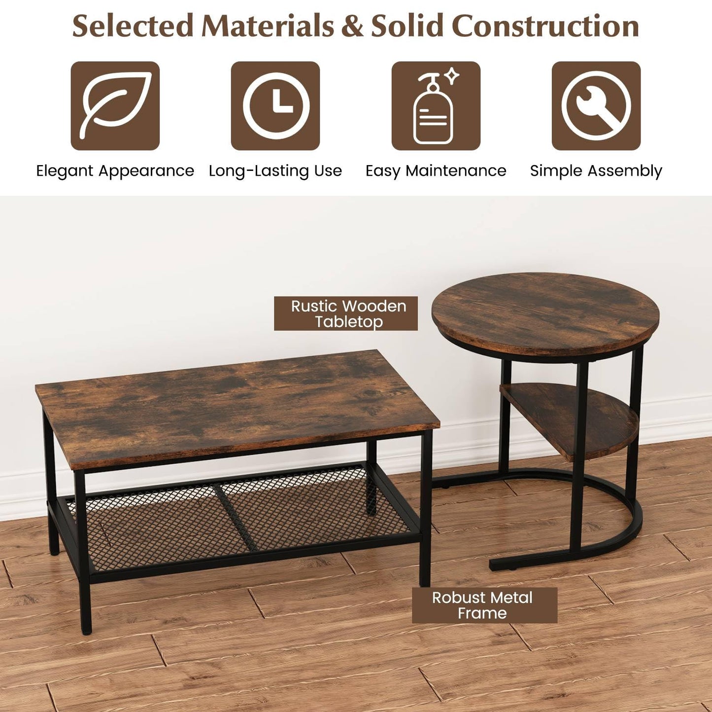Nesting Coffee Table Set of 2, Faux Marble Cocktail Center and Round End Table with Storage Shelf & Adjustable Foot Pads