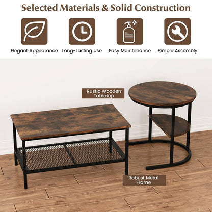 Nesting Coffee Table Set of 2, Faux Marble Cocktail Center and Round End Table with Storage Shelf & Adjustable Foot Pads