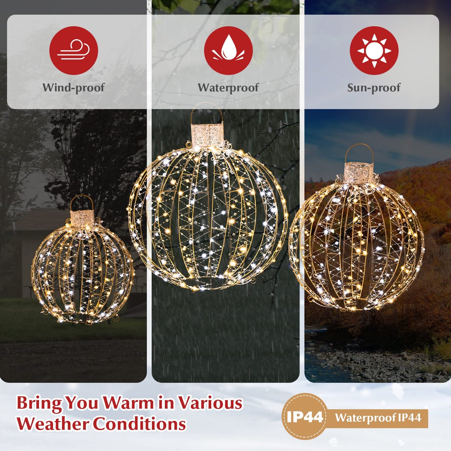 3 Pieces Christmas LED Ball Lights with 30 Cable Ties for Tree Lawn Garden