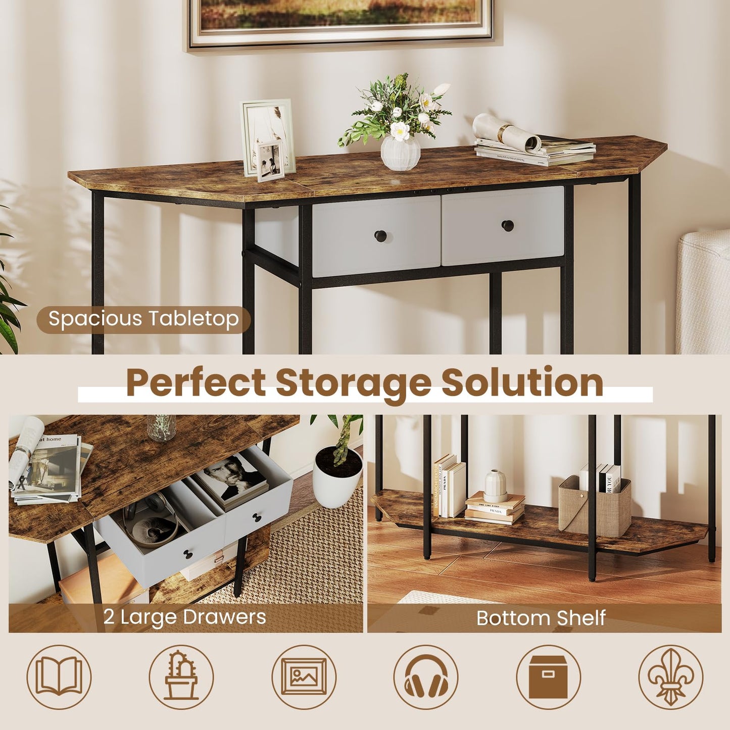 2-Tier Console Table Industrial Narrow Sofa Side Table with 2 Drawers and Shelf