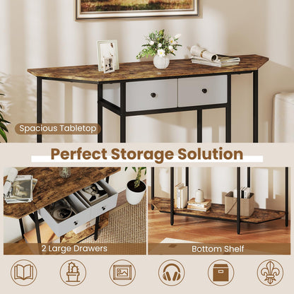 2-Tier Console Table Industrial Narrow Sofa Side Table with 2 Drawers and Shelf