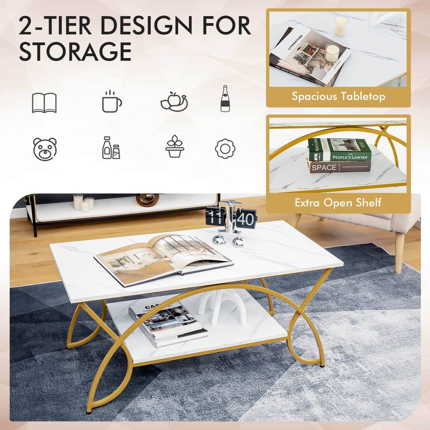 2 Tier Coffee Table with Storage Shelf for Living Room