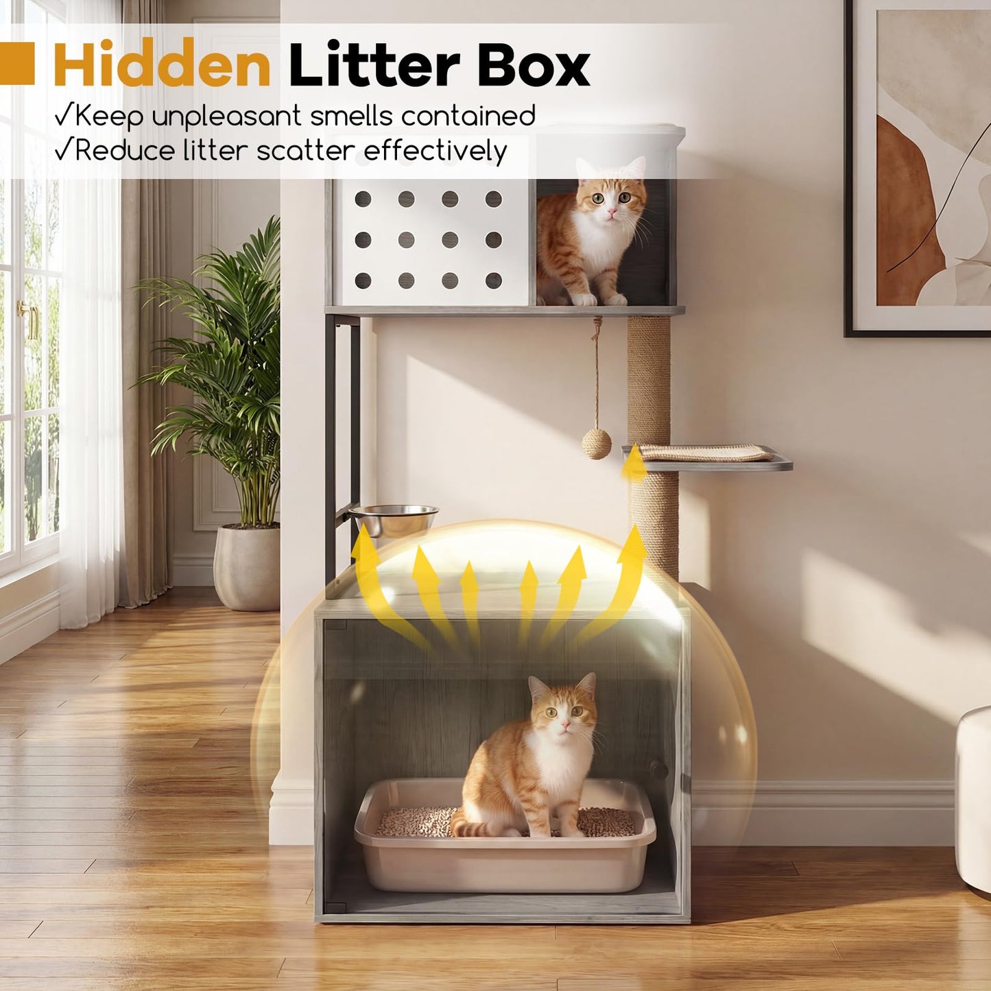 Cat Litter Box Enclosure Cat Tree Play Tower| Cats House Activity Center Hidden Washroom Toilet