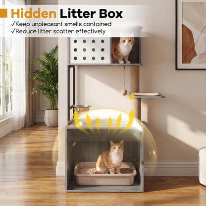 Cat Litter Box Enclosure Cat Tree Play Tower| Cats House Activity Center Hidden Washroom Toilet