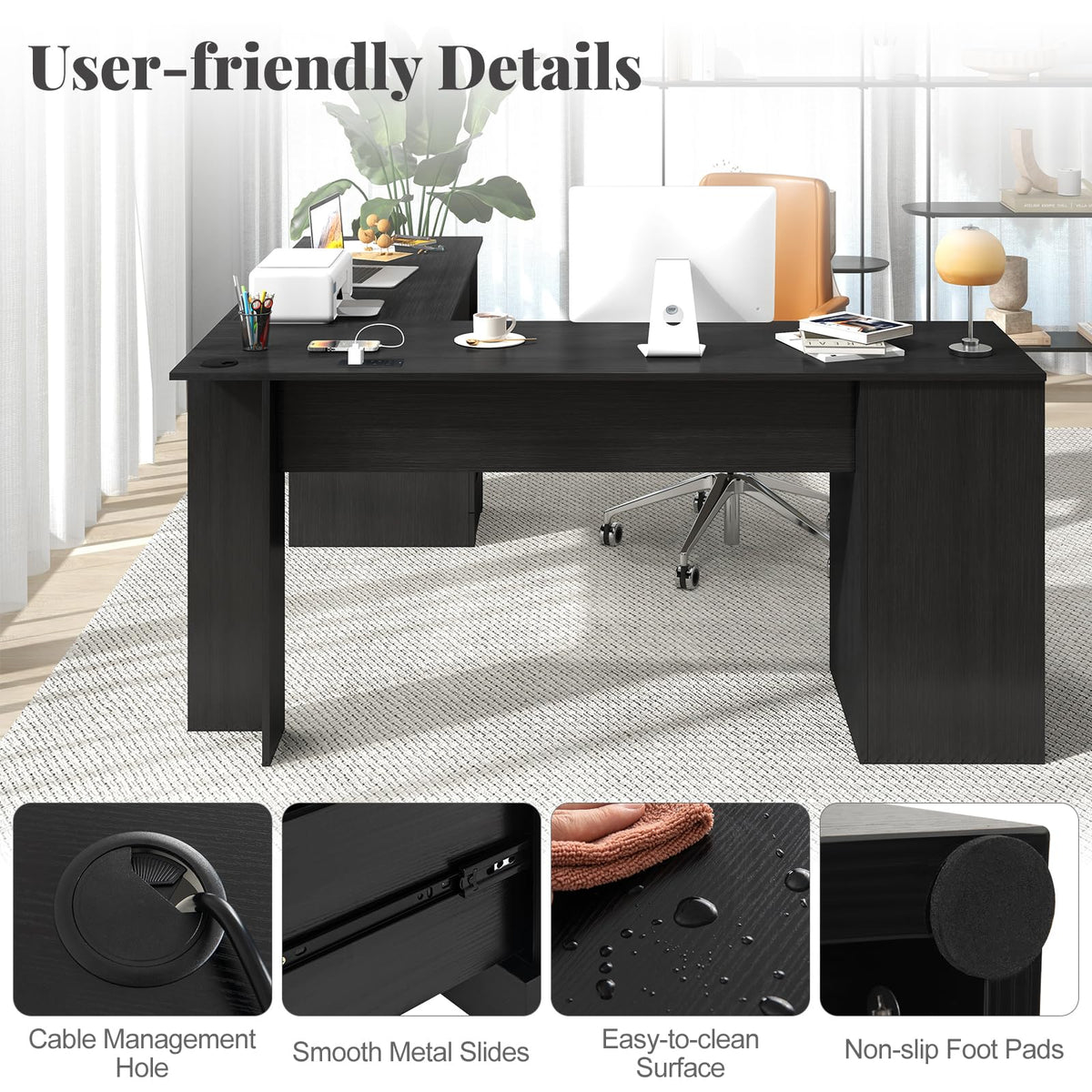 L-Shaped Computer Desk, 170cm Modern Large Corner Desk Writing Study Table