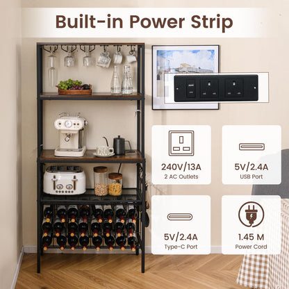 Wine Organizer with Power Outlet Multi-Tier Bakers Rack with Glass