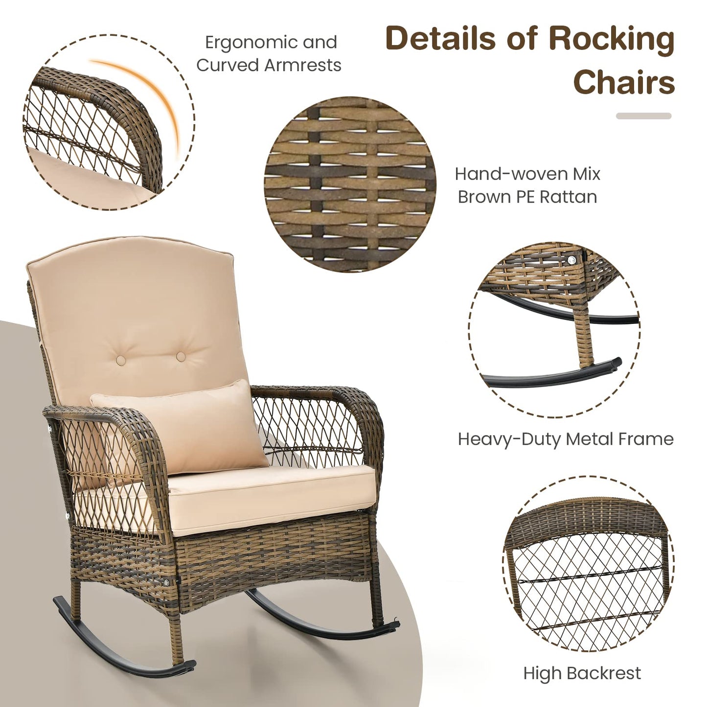 Outdoor Rocking Chairs and Table Set with Cushions and Pillows