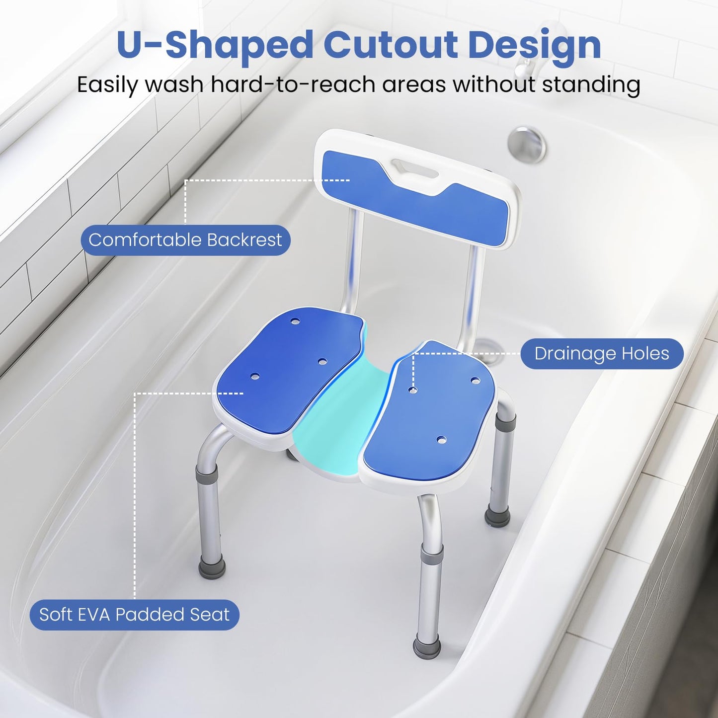 U-Shaped Shower Chair, 6-Level Height Adjustable Aluminium Shower Stool