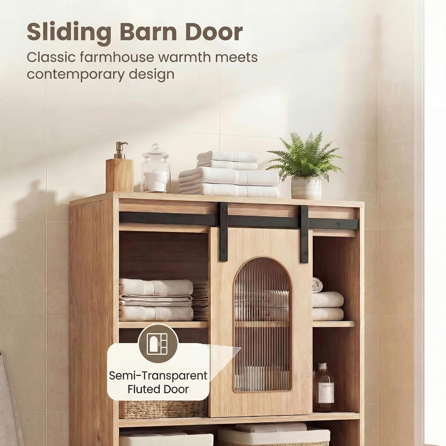 Bathroom Floor Cabinet with Shelves and Sliding Barn Door