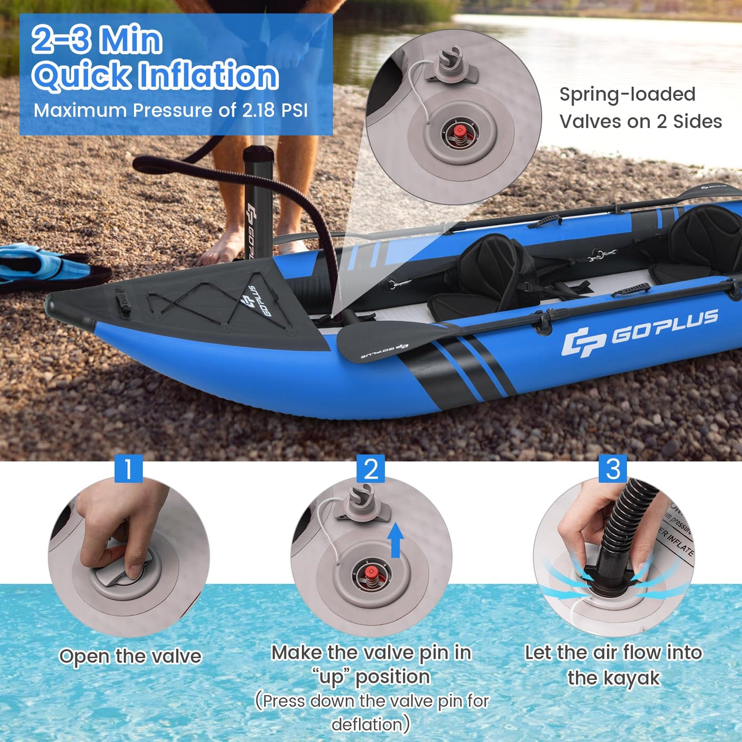 2 Person Inflatable Kayak Set with Aluminum Oars and Padded Seat