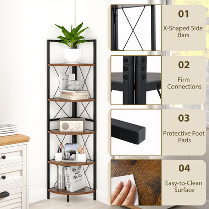 160 CM 5 tier Corner Bookshelf with Metal Frame X-shaped Brackets