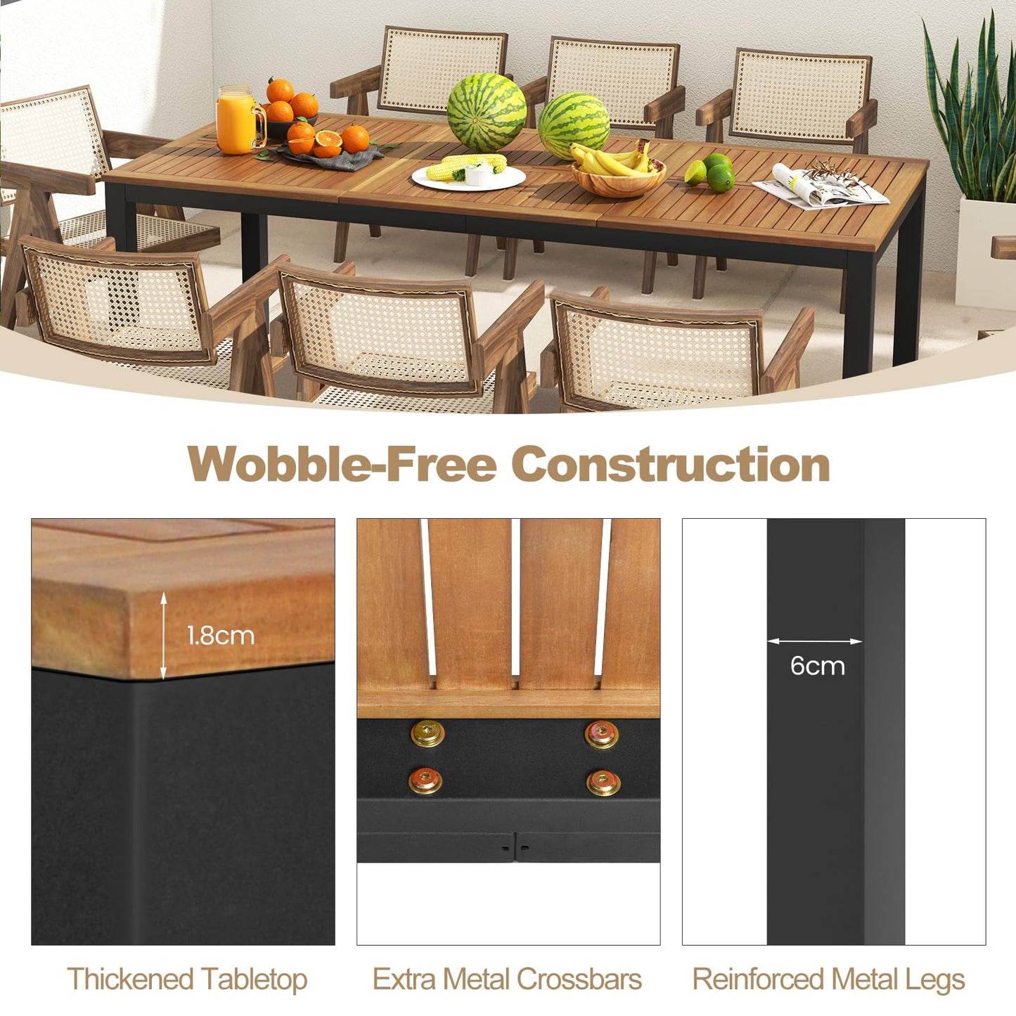 8 Seater Outdoor Dining Table with Umbrella Hole for Poolside Backyard