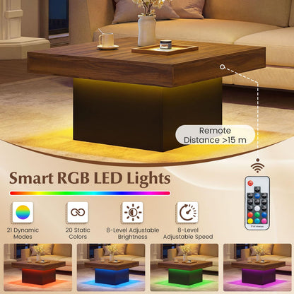 LED Coffee Table, 90x90cm Square Cocktail Center Table with 20-Color RGB LED Lights