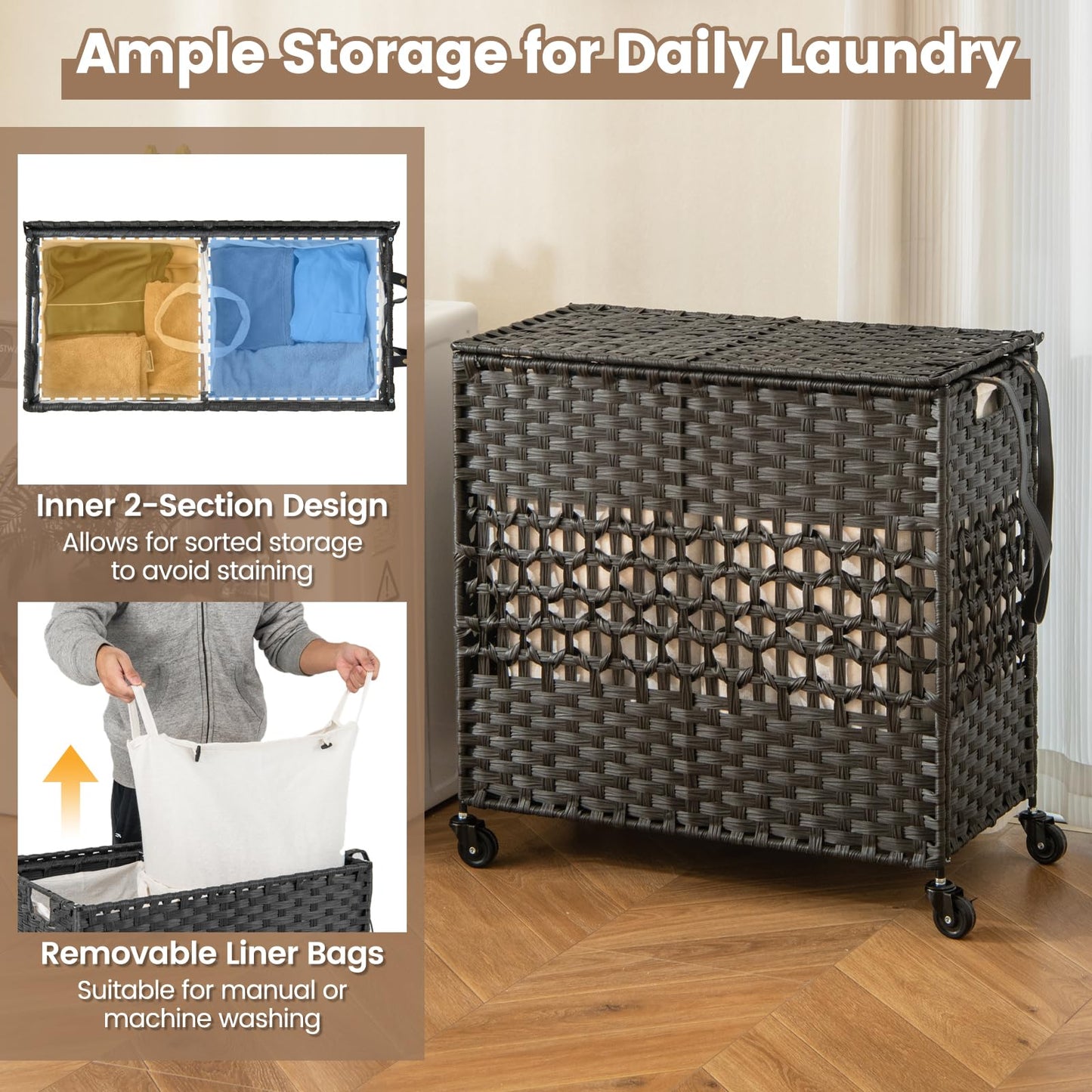 110L Collapsible Laundry Hamper Lid and Removable Liner Bag
