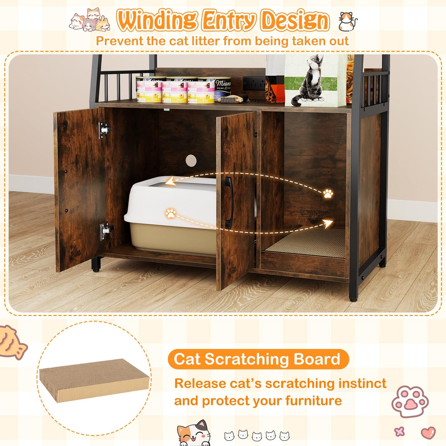 Cat Litter Box Enclosure, Hidden Cats Washroom Furniture with 3-tier Storage Shelves