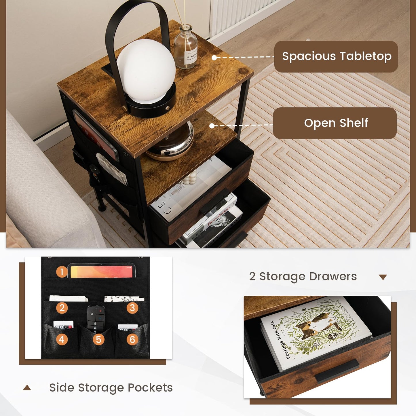 Nightstand with Charging Station with 2 Drawers and 6 Side Pockets