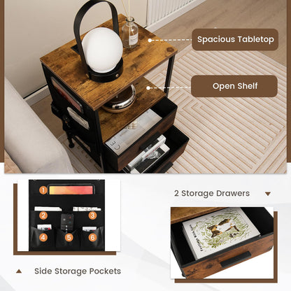 Nightstand with Charging Station with 2 Drawers and 6 Side Pockets