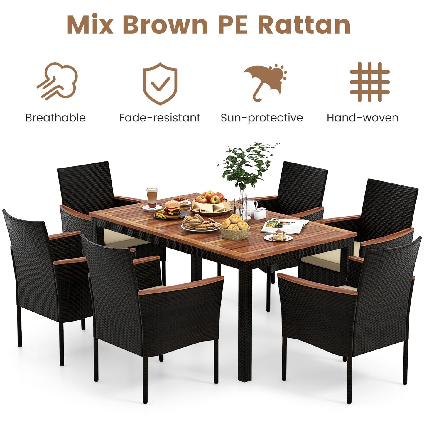 7 Pieces PE Rattan Outdoor Patio Dining Set for Yard Garden and Poolside