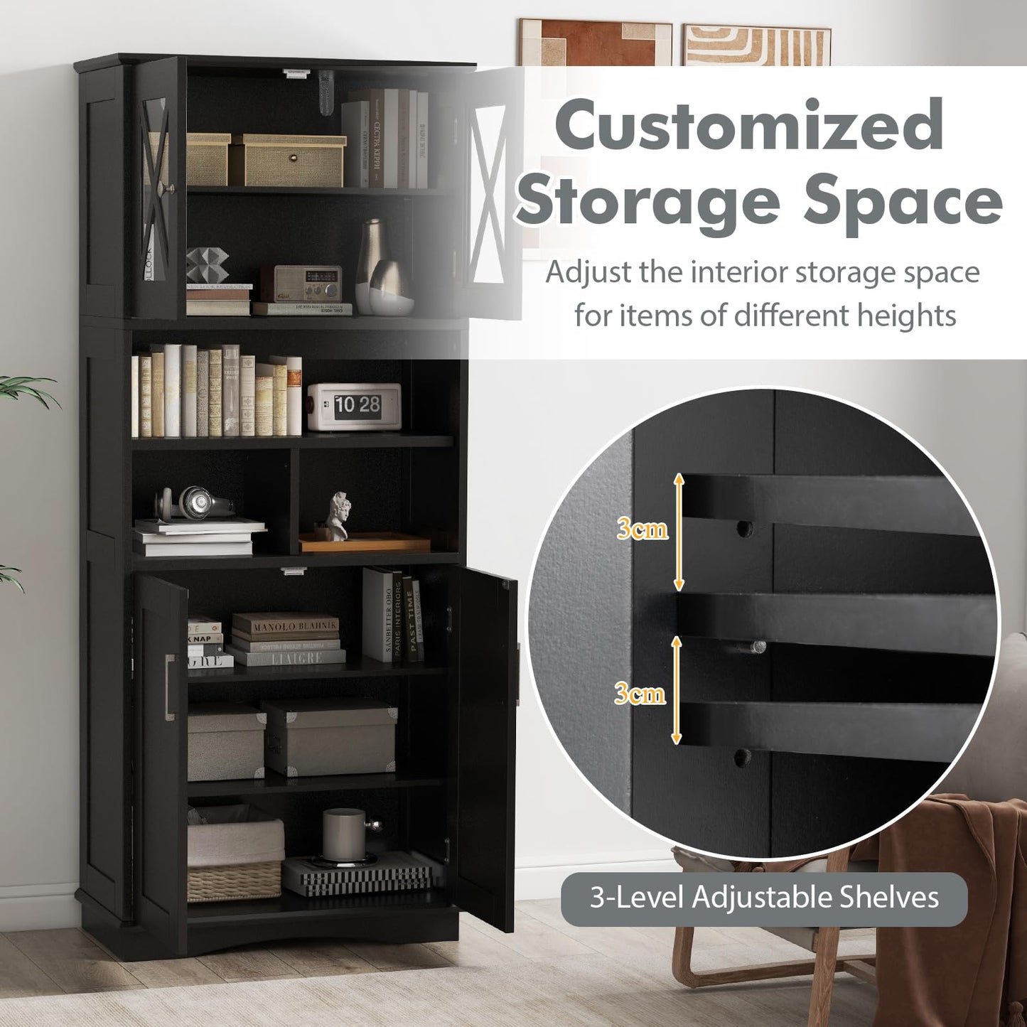 Freestanding Storage Cupboard with Open/Adjustable Shelves and Doors