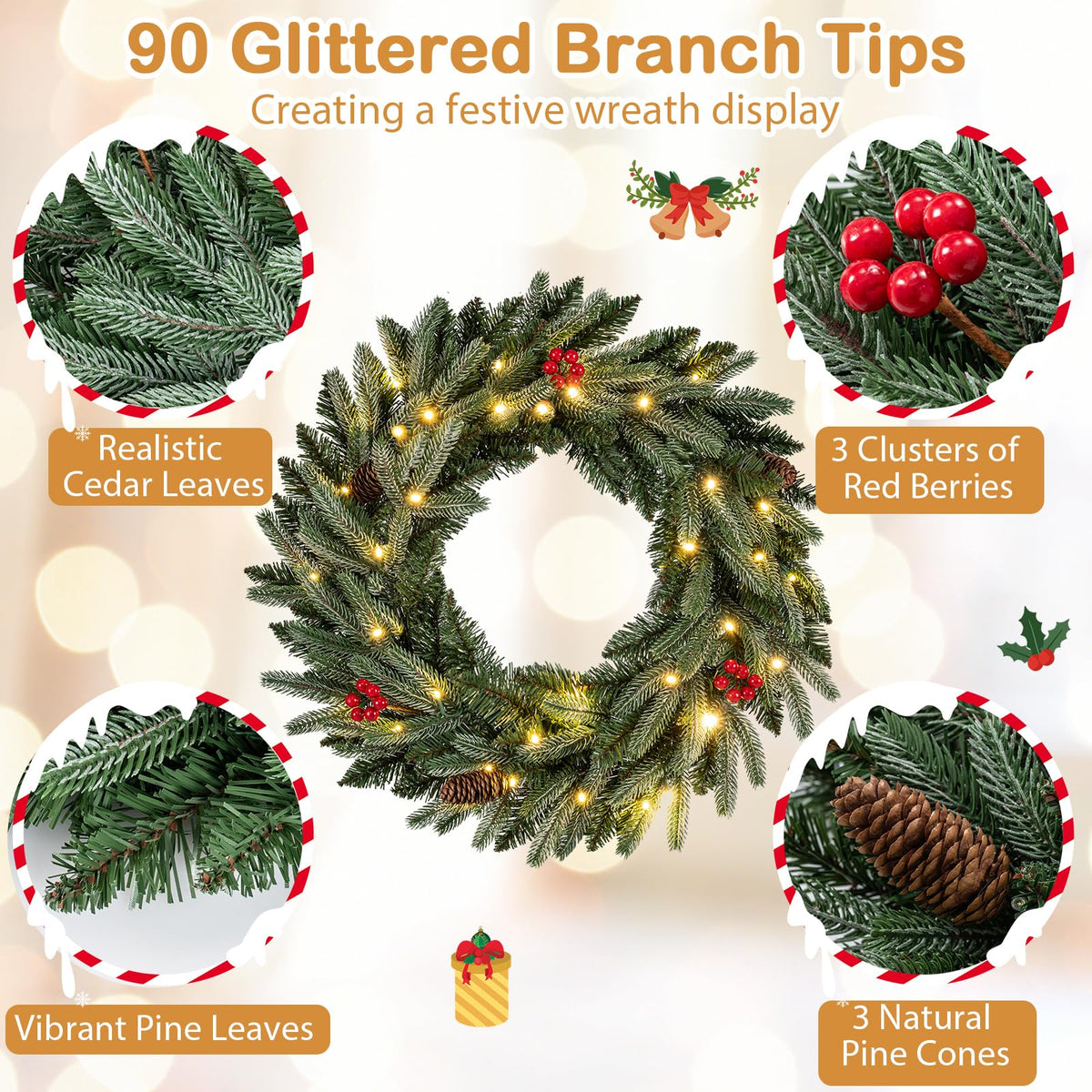 60cm/24inch Pre-Lit Christmas Wreath with LED Lights