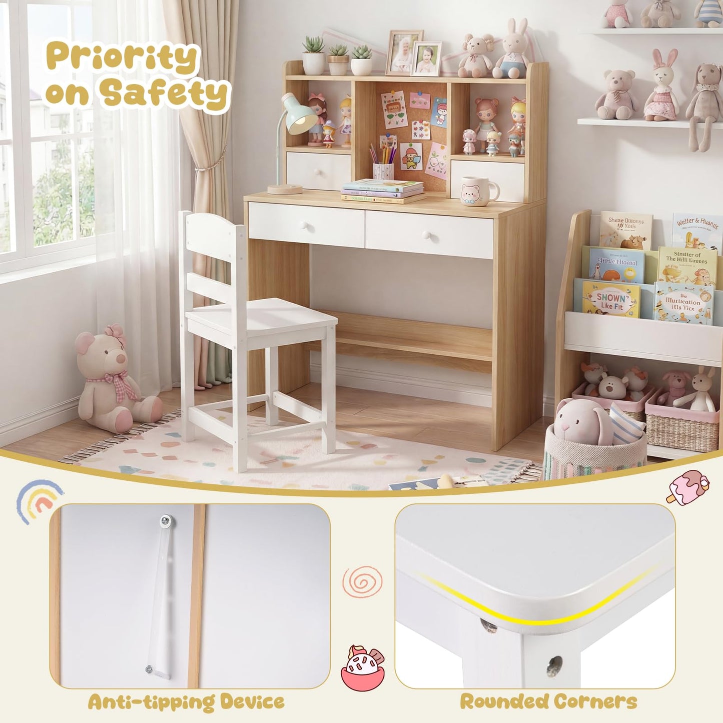 Kids Desk and Chair Set, Wooden Student Study Table with Drawers