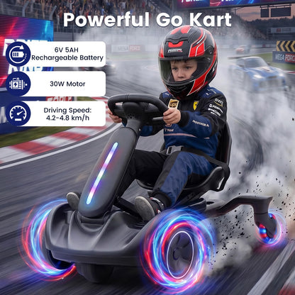 Ride on Drift Car for Kids 2-In-1 Go Kart with Adjustable Seat Sound LED Lights