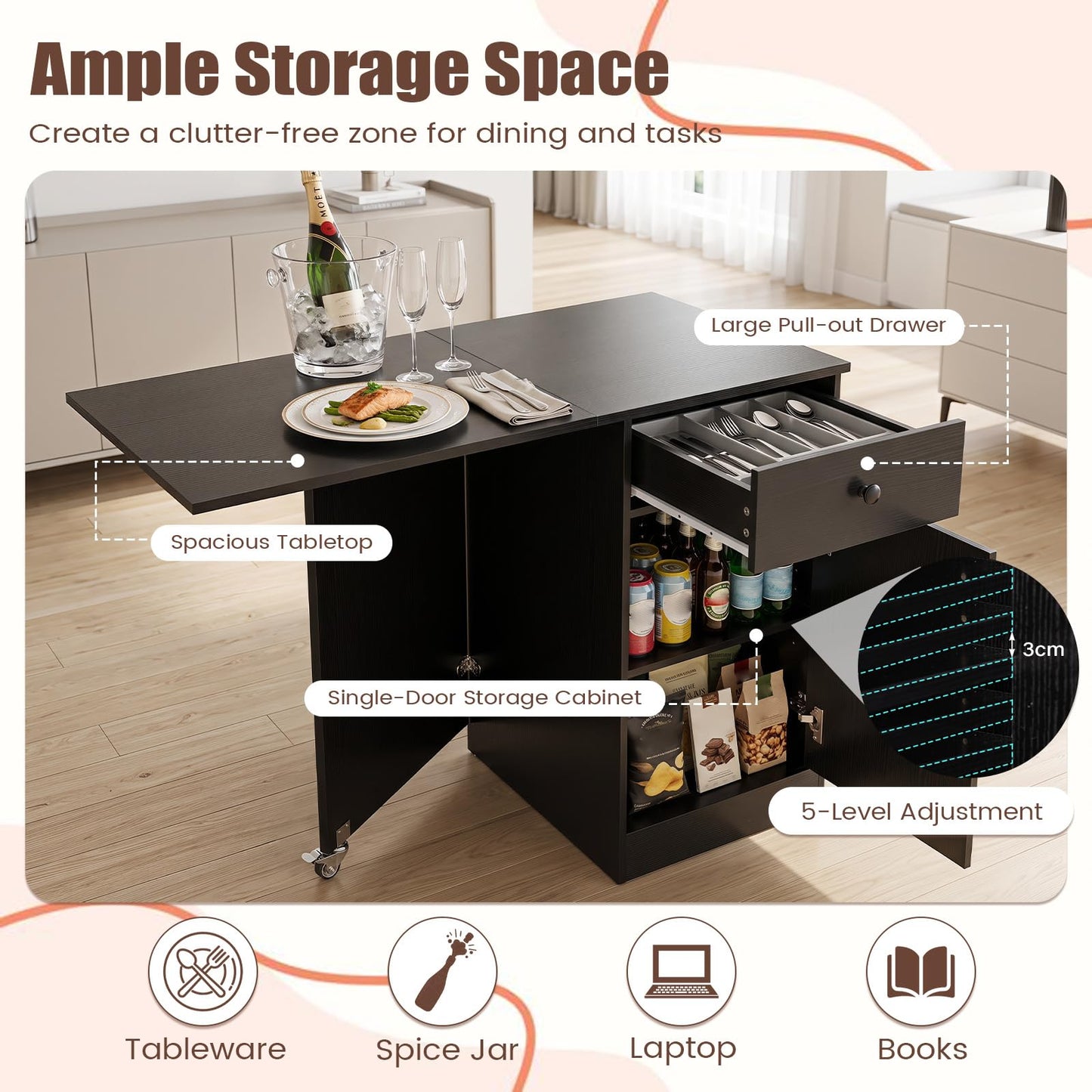 Folding Dining Table for 4-6 with Drawer & Cabinet on Wheel