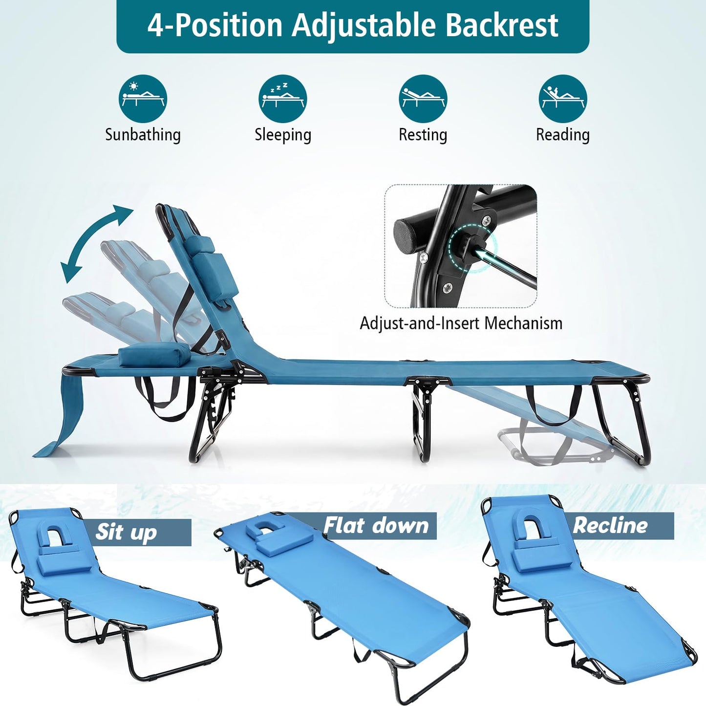 Folding Sun Lounger, 5-Position Adjustable Reclining Tanning Chair