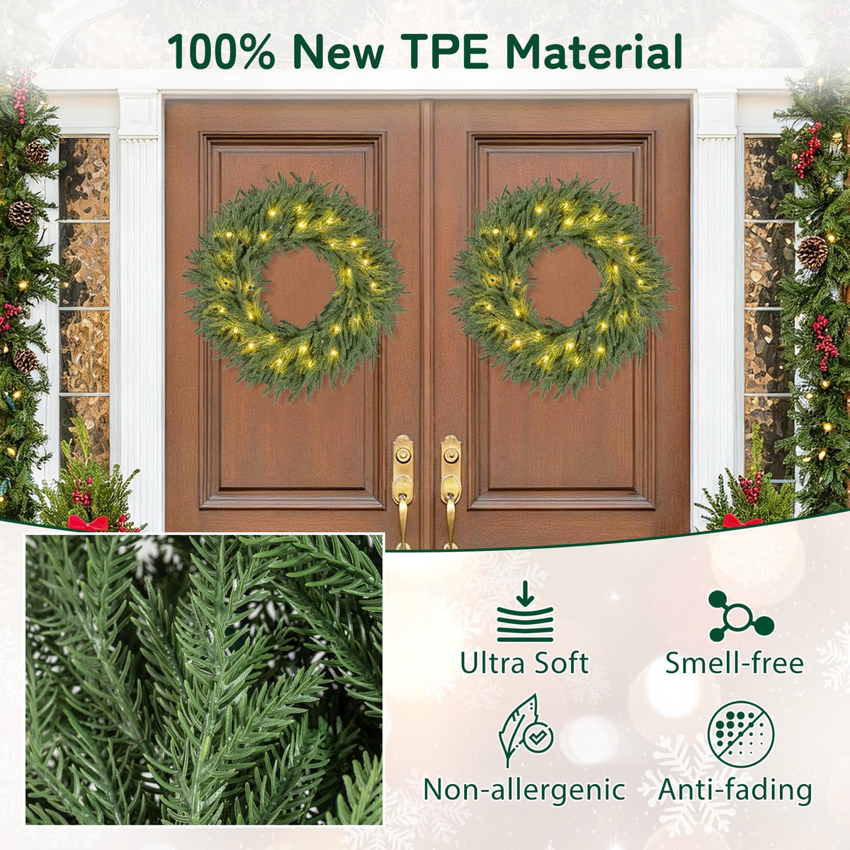 60cm/24inch Pre-Lit Christmas Wreath with LED Lights