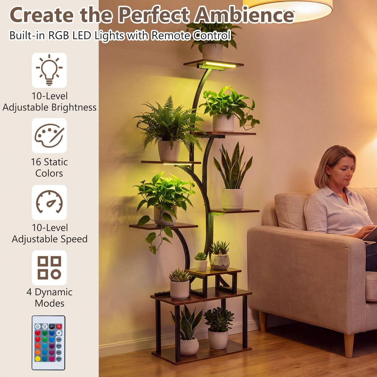 Plant Stand with Grow Lights, 158cm Tall 8-Tier Corner Metal Plant Shelf Flowerpot Holder