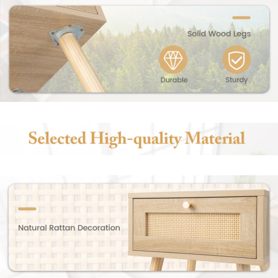 Boho Bedside Table with Hand-woven Rattan Decoration