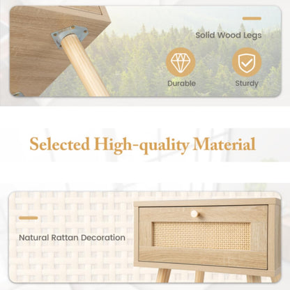 Boho Bedside Table with Hand-woven Rattan Decoration