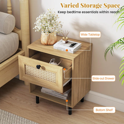 Rattan Nightstand with Drawer and Open Storage Shelf for Living Room Set of 2