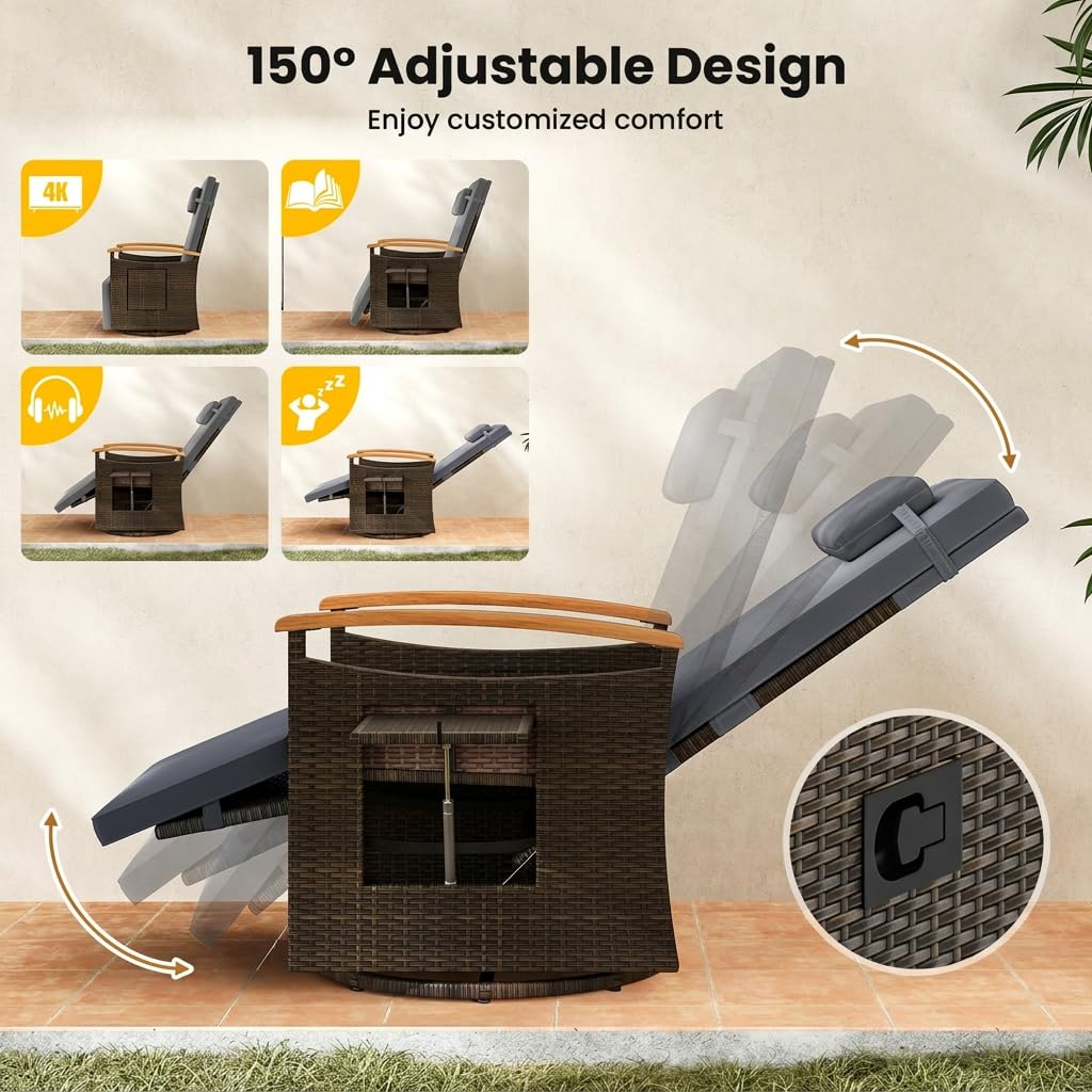 Outdoor 360° Swivel Rattan Recliner Chair with Adjustable Backrest and Footrest