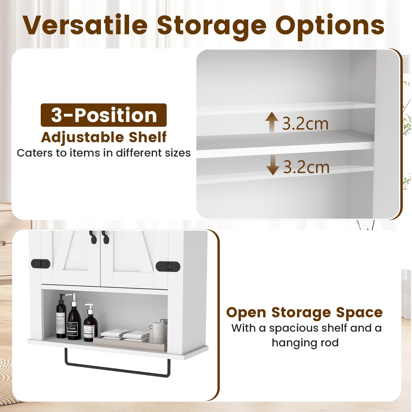 Bathroom Wall Cabinet, Farmhouse Over-The-Toilet Storage Cupboard