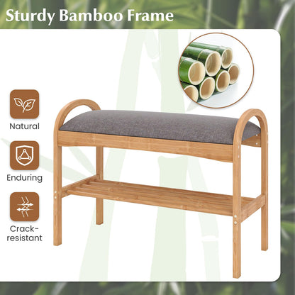 Bamboo Shoe Bench, 2-Tier Shoe Rack Organiser with Padded Seat Cushion and Shelf