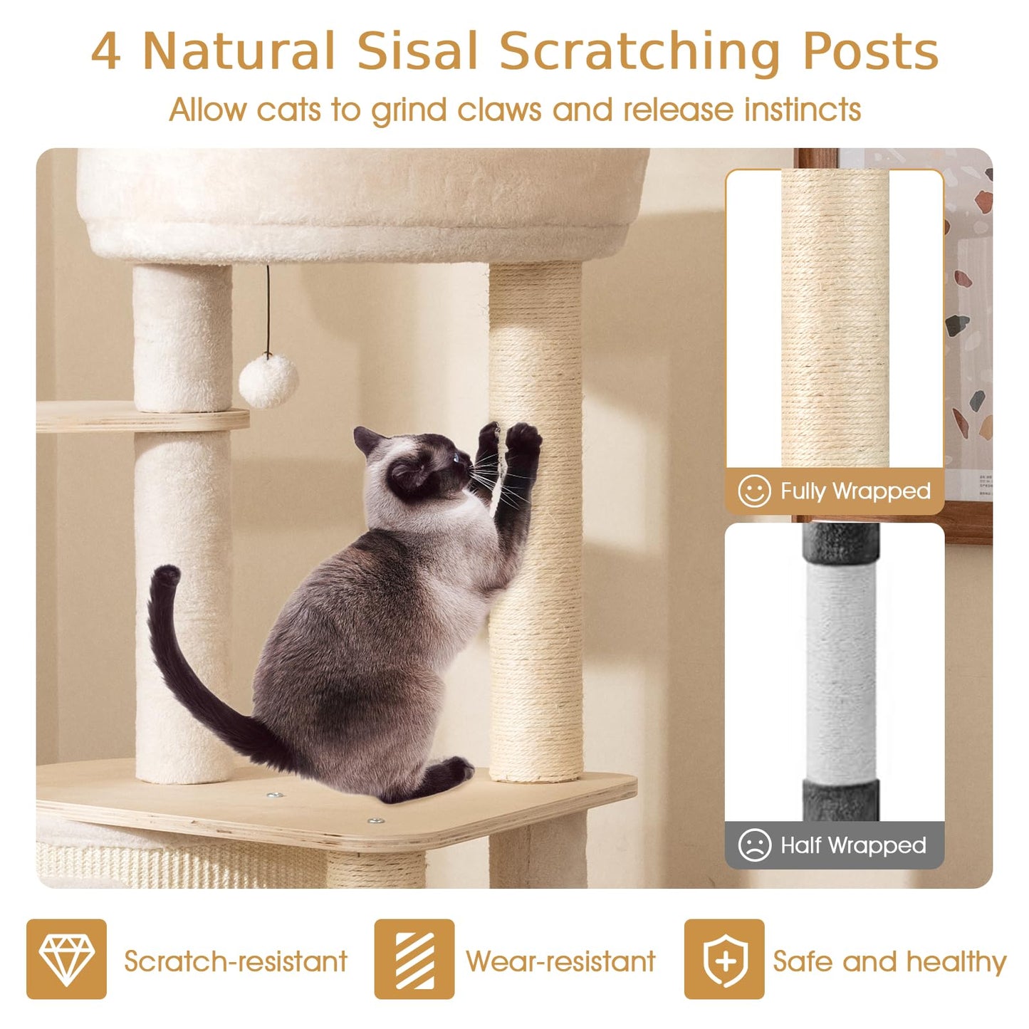Extra Large Wooden Cat Tree with Cat Condo and Washable Cushions