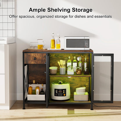 Buffet Sideboard with Power Outlets & RGB LED Lights, Wooden Storage Cabinet