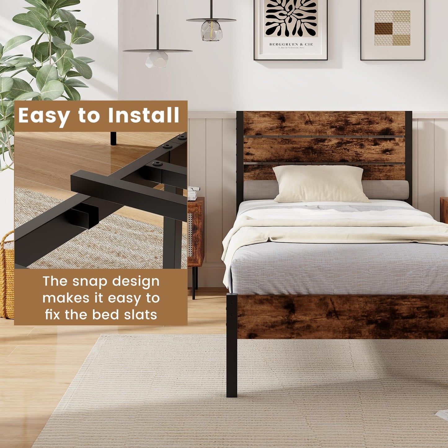 3FT Industrial Metal Platform Bed Frame with Wood Headboard & Underbed Storage