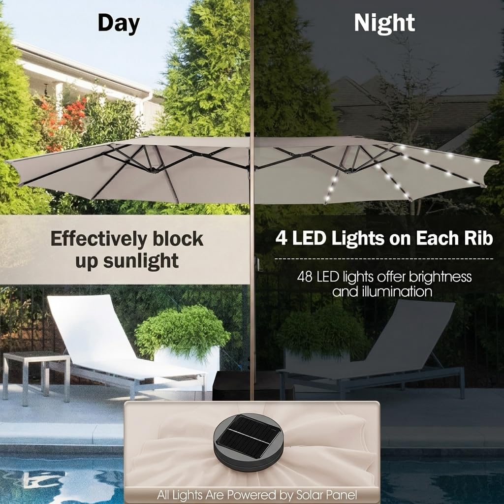 4.5m Large Patio Umbrella with 48 Solar-Powered LED Lights