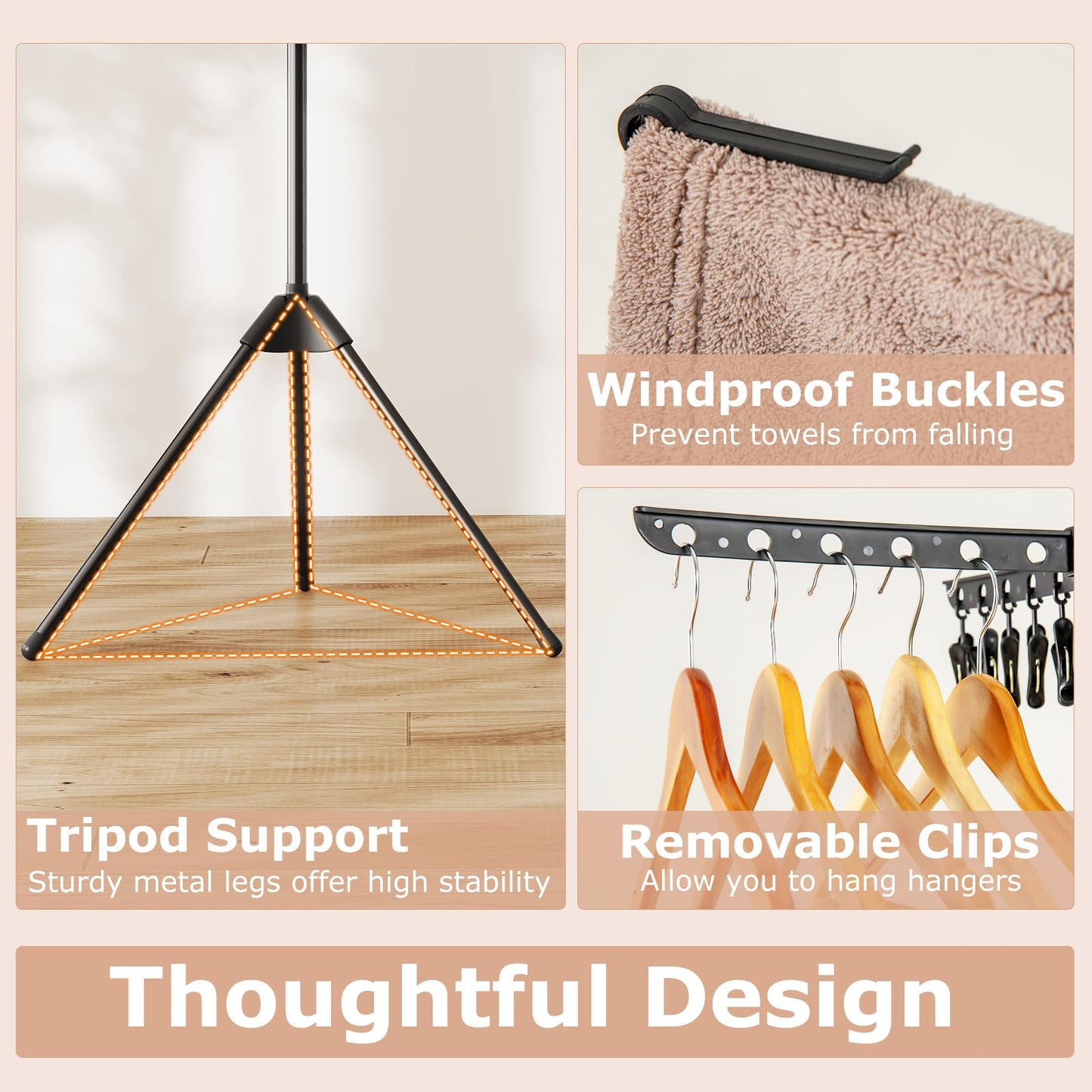 3-Tier Foldable Clothes Drying Rack with 24 Clips and 32 Hanging Rods