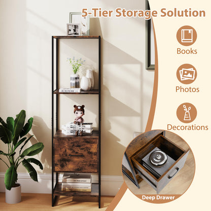 5-Tier Tall Narrow Bookcase Bookshelf with Drawer Shelves