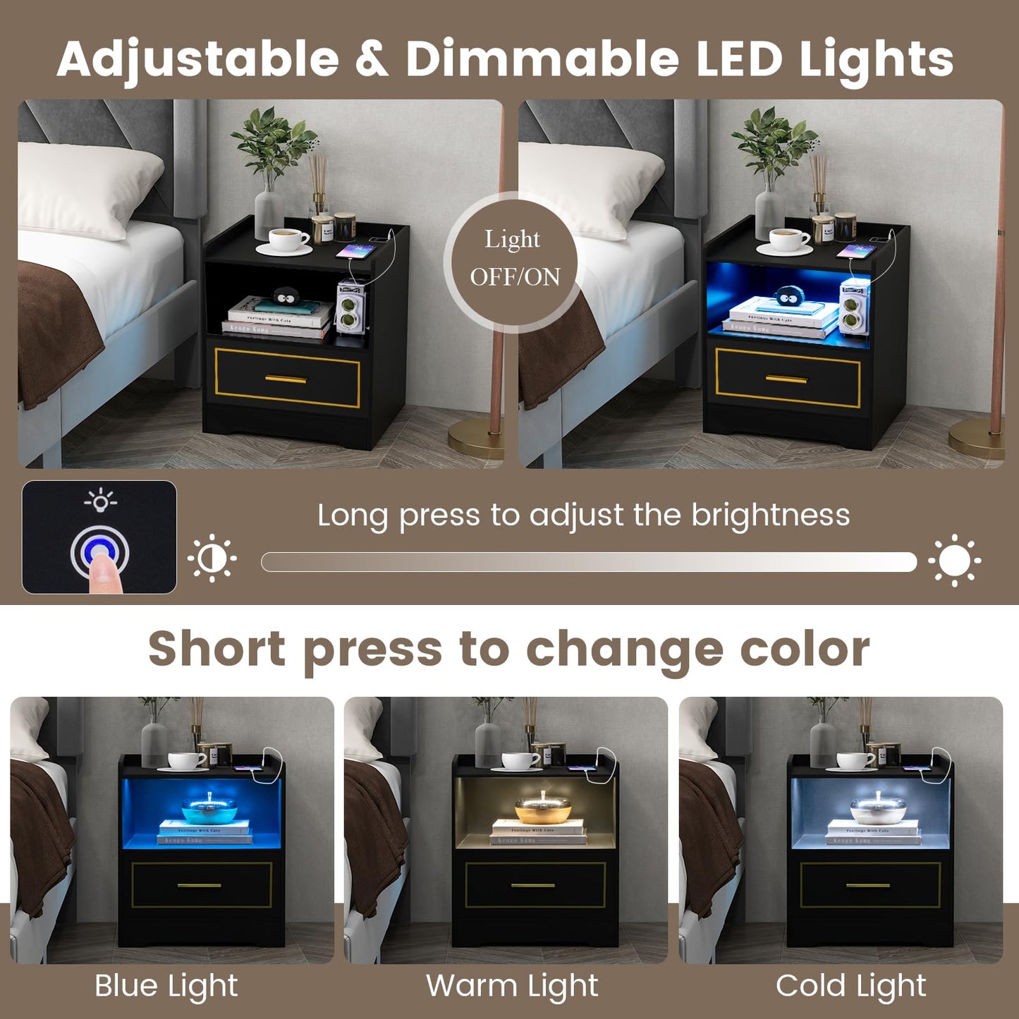 LED Nightstand with USB and Type-C Port